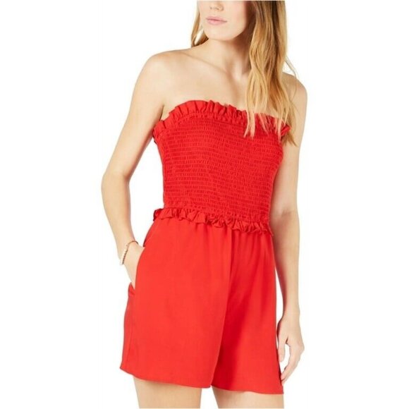 Maison Jules Pants - Maison Jules Rhubarb Red Strapless‎ Smocked Romper Women’s Size Medium